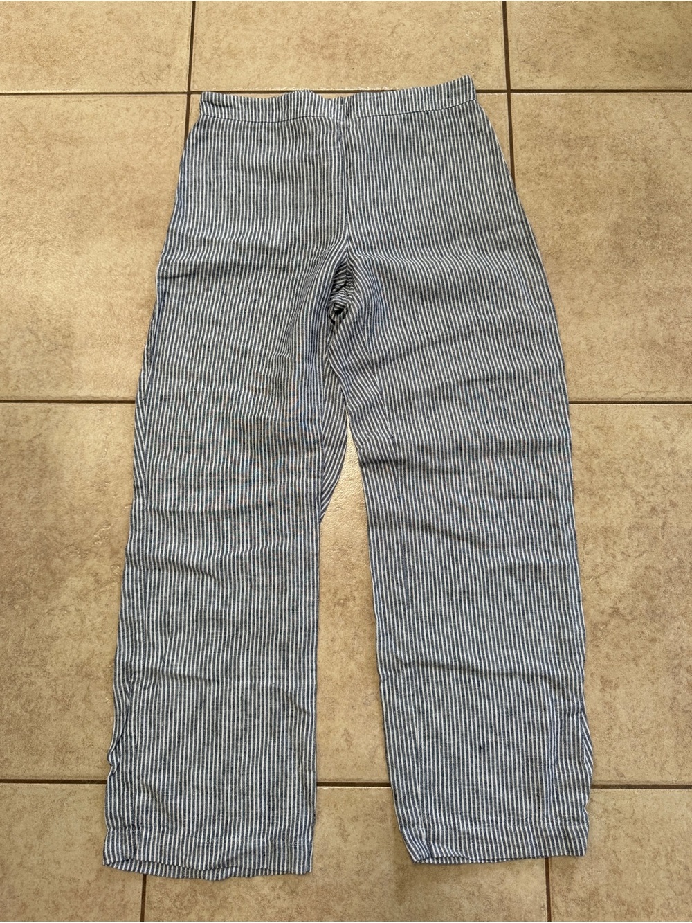Chico's Blue White Vertical Striped Pull On Linen Blend Crop Pants Pockets Sz 0